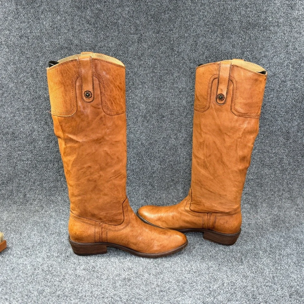 Frye Carson Tall Riding Boots Women's 6.5 Caramel Brown Leather Pull On Rustic